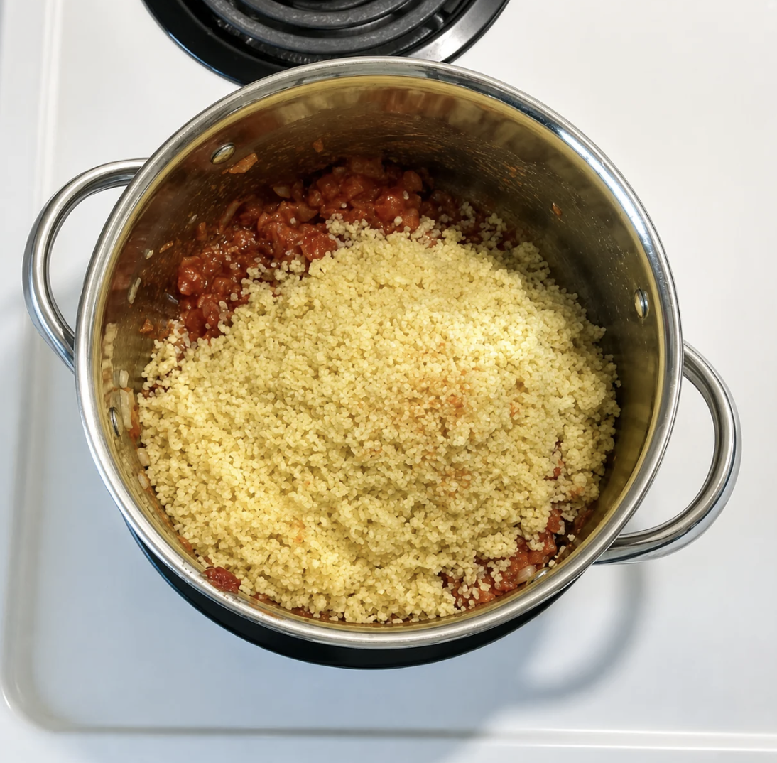 Adding bulgur and spices to the tomato base